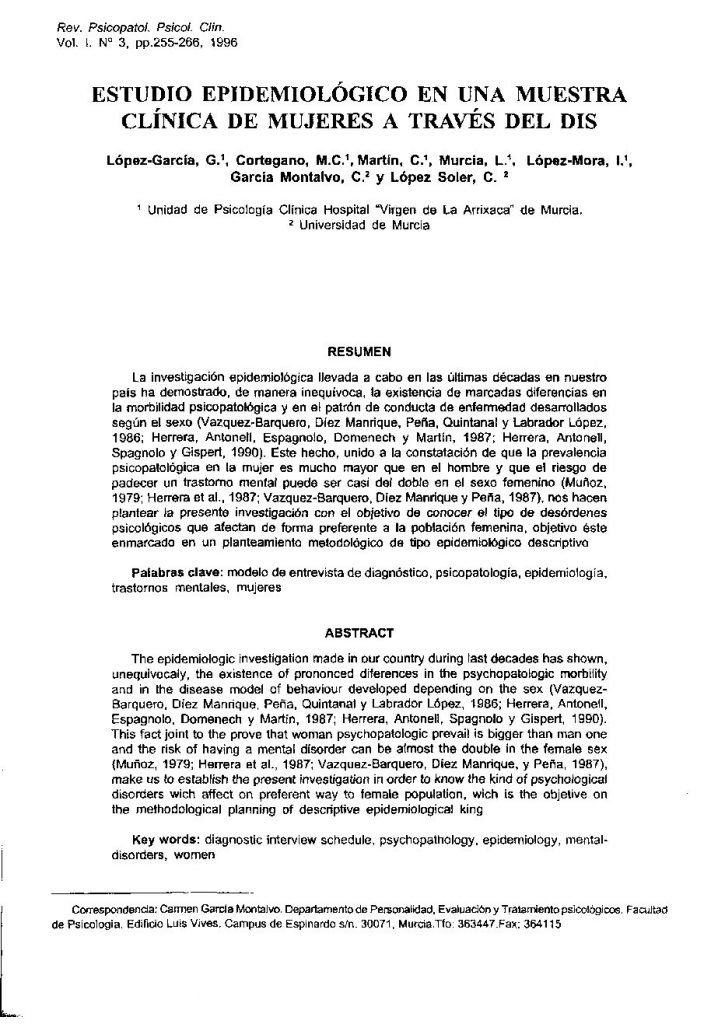 Estudio epidemiológico en una muestra clínica de mujeres a través del dis.  - Asociación Española de Psicología Clínica y Psicopatología